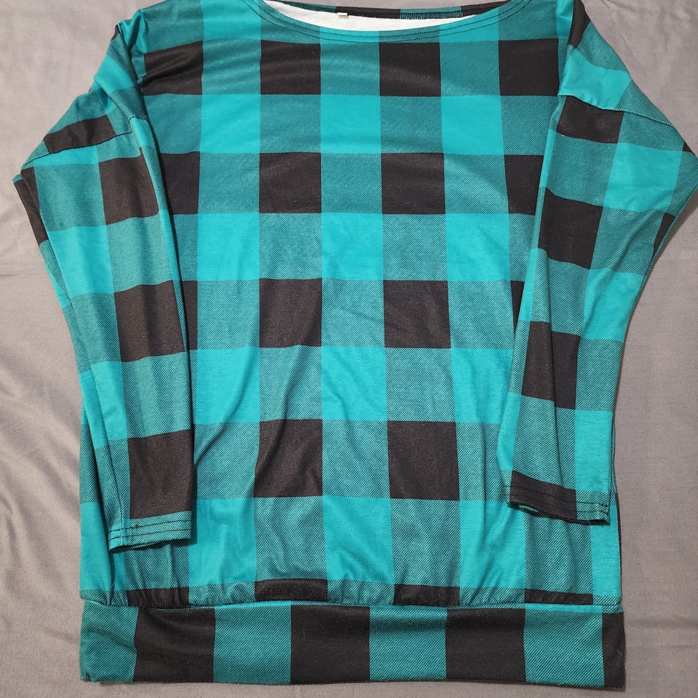 Teal and Black Checkered Long Sleeve Top